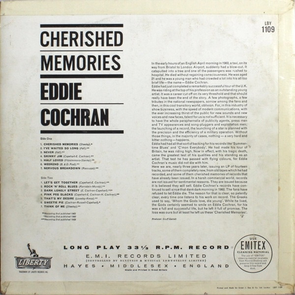 Eddie Cochran - Cherished Memories | Liberty (LBY 1109) - 2