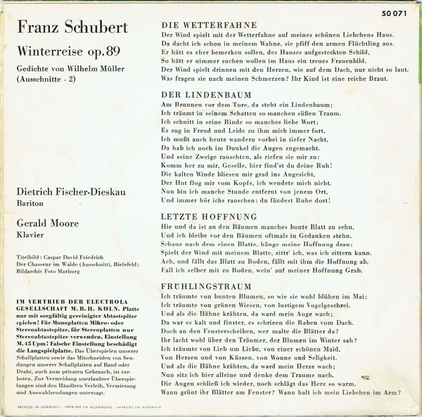 last ned album Franz Schubert, Dietrich FischerDieskau - Winterreise Die Wetterfahne Der Lindenbaum Letzte Hoffnung Frühlingstraum