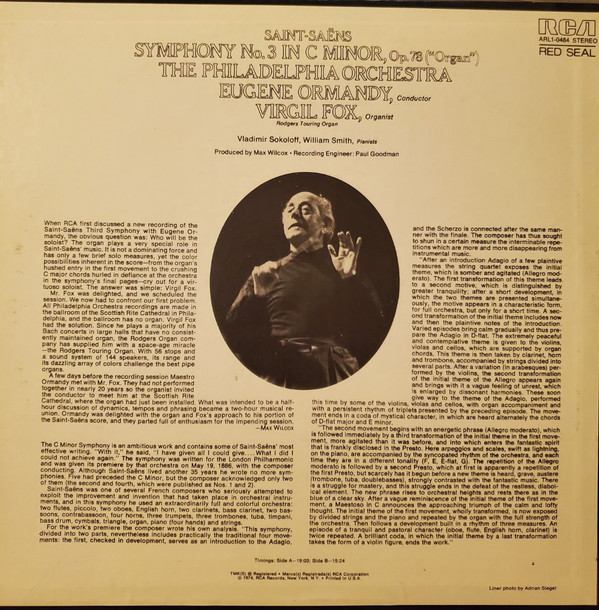 Album herunterladen Camille SaintSaëns The Philadelphia Orchestra Eugene Ormandy Virgil Fox - The Grand Symphony No3 For Organ And Orchestra