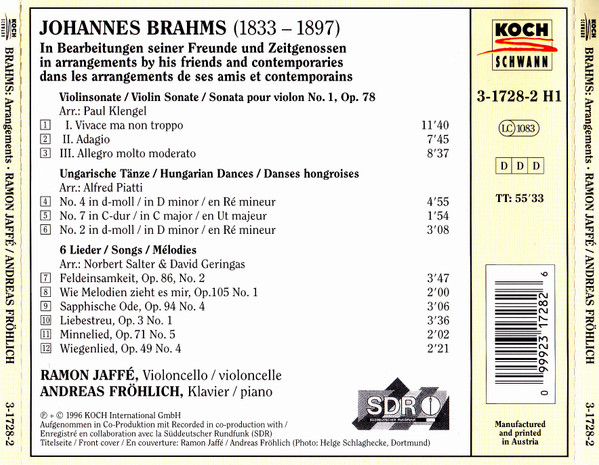 ladda ner album Johannes Brahms Ramon Jaffé, Andreas Fröhlich - In Arrangements Seiner Freunde Und Zeitgenossen In Arrangements Of His Friends And Contemporaries