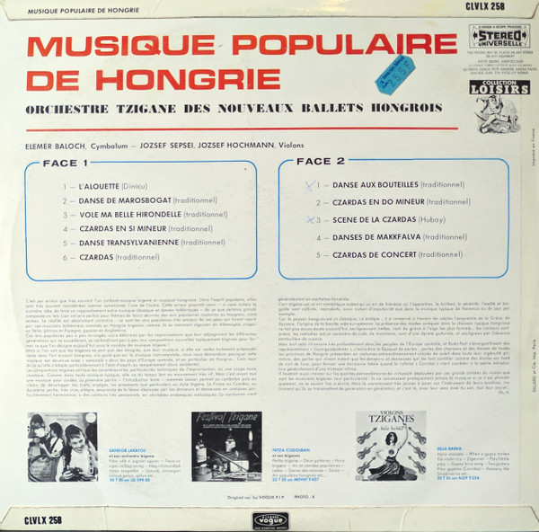 Orchestre Tzigane Des Nouveaux Ballets Hongrois - Musique Populaire De Hongrie | Vogue (CLVLX 258) - 2