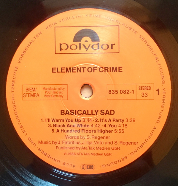 Element Of Crime - Basically Sad | Polydor (835 082-1) - 3