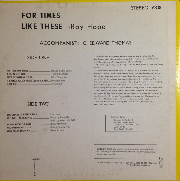 télécharger l'album Roy Hope Accompanied By C Edward Thomas - For Times Like These