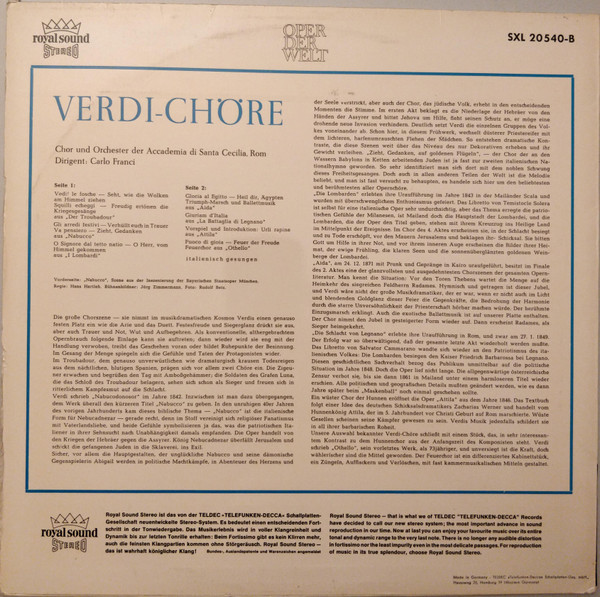 last ned album Giuseppe Verdi Chor Und Orchester Der Accademia Di Santa Cecilia, Rom , Dirigent Carlo Franci - Verdi Chöre