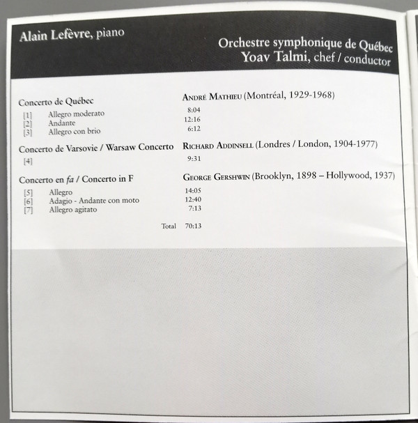 Alain Lefèvre , Orchestre Symphonique De Québec , Yoav Talmi - Mathieu / Addinsell / Gershwin - Concerto De Québec / Warsaw Concerto / Concerto En Fa / In F | Analekta (AN 2 9814) - 4