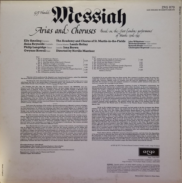 last ned album GF Handel, Elly Ameling Philip Langridge, Anna Reynolds Gwynne Howell, The Academy Of St MartinintheFields, Neville Marriner - Messiah Arias And Choruses Based On The First London Performance Of March 23rd 1743