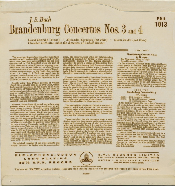 ladda ner album J S Bach David Oistrach, Alexander Korneyev, Naum Zeidel, Chamber Orchestra conducted By Rudolf Barshai - Brandenburg Concertos Nos 3 And 4