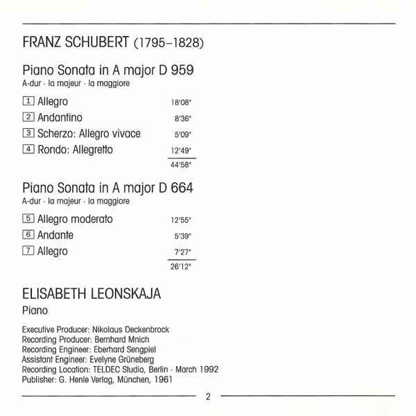 lataa albumi Schubert, Elisabeth Leonskaja - Piano Sonatas No13 D664 No20 D959