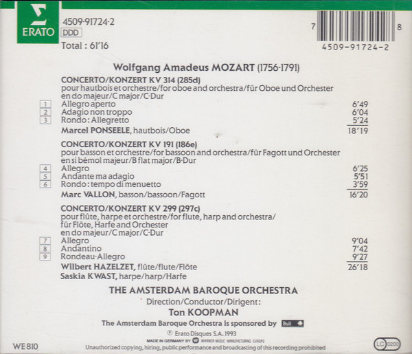descargar álbum Mozart, The Amsterdam Baroque Orchestra, Ton Koopman - Concertos For Flute Harp KV 299 Oboe Concerto KV 314 Bassoon Concerto KV 191
