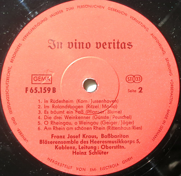 Franz Josef Kraus , Bläser-Ensemble Des Heeresmusikkorps 5 Koblenz , Oberstleutnant Heinz Schlüter - In Vino Veritas | Not On Label (F 65 159 A) - 4