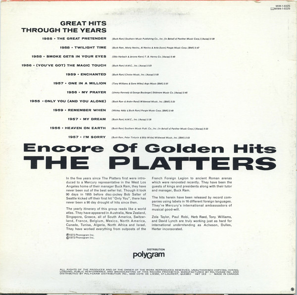 The Platters - Encore Of Golden Hits | Mercury (MIM-1-8325) - 2