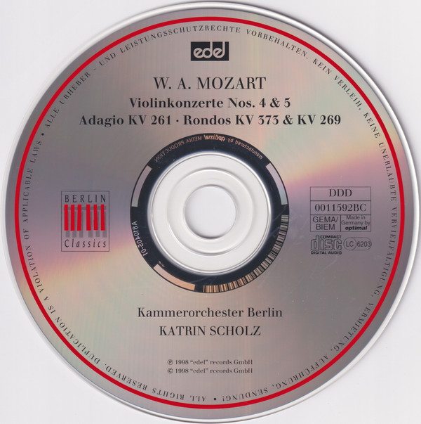 lataa albumi Wolfgang Amadeus Mozart, Katrin Scholz, Kammerorchester Berlin - Violinkonzerte Nos 4 5 Adagio KV 261 Rondos KV 269 373