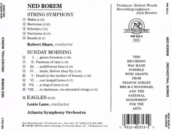 Album herunterladen Ned Rorem Atlanta Symphony Orchestra, Robert Shaw, Louis Lane - String Symphony Sunday Morning Eagles