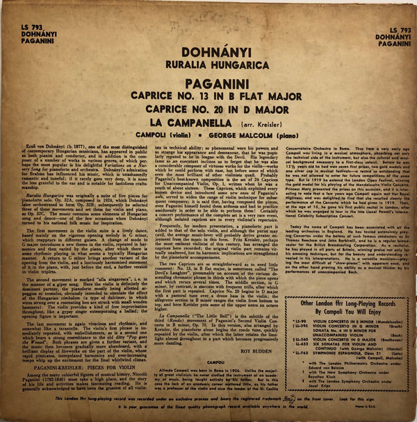 ladda ner album Dohnanyi, Paganini, Campoli, Malcolm - Ruralia Hungarica Caprice No 13 In B Flat Major Caprice No 20 In D Major La Campanella