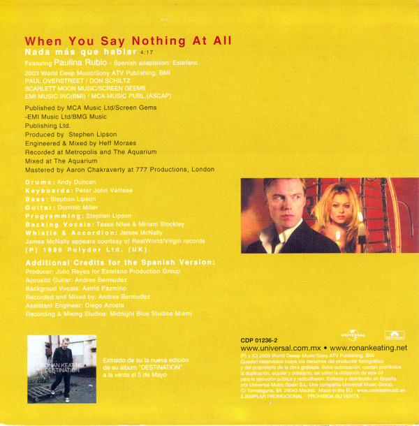 ladda ner album Ronan Keating Featuring Paulina Rubio - When You Say Nothing At All Nada Mas Que Hablar