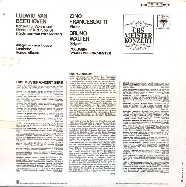 baixar álbum Beethoven, Zino Francescatti, Bruno Walter, Columbia Symphonie Orchester - Konzert Für Violine Und Orchester