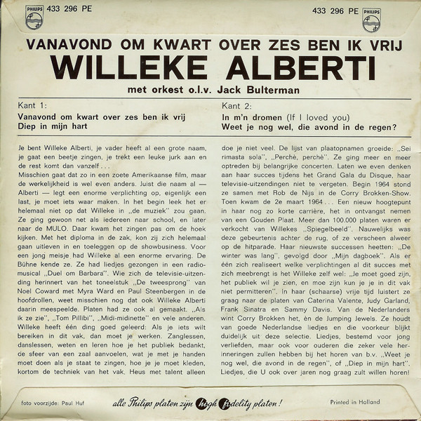 Album herunterladen Willeke Alberti - Vanavond Om Kwart Over Zes Ben Ik Vrij