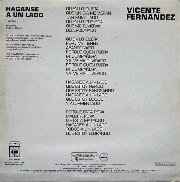 Album herunterladen Vicente Fernandez - Haganse A Un Lado