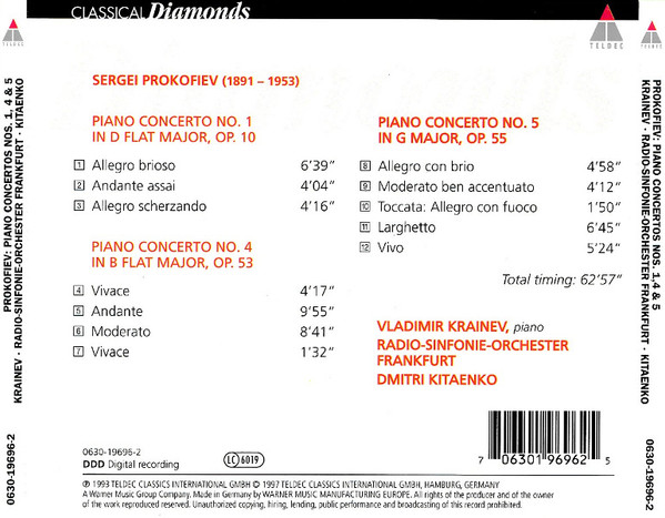 last ned album Prokofiev Vladimir Krainev RadioSinfonieOrchester Frankfurt Dimitri Kitaenko - Piano Concertos Nos 1 4 5