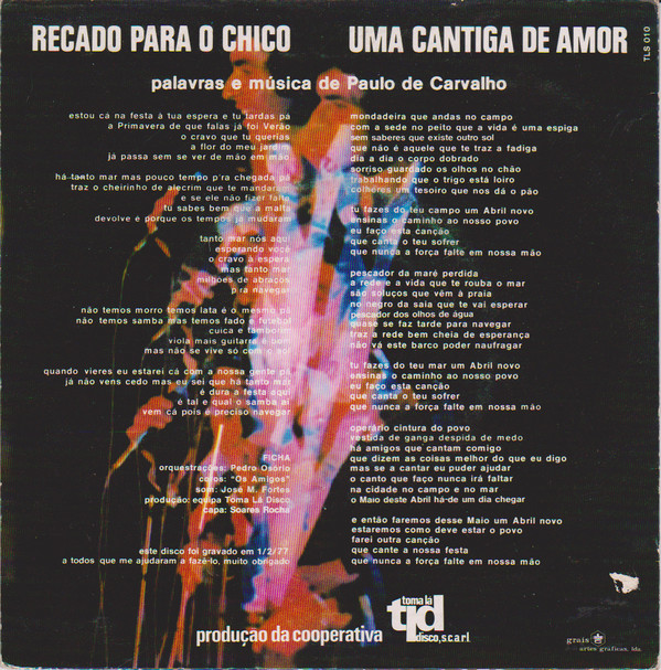 descargar álbum Paulo De Carvalho - Recado Para O Chico Uma Cantiga De Amor