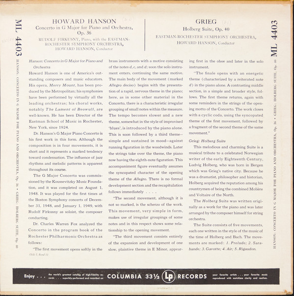 ladda ner album Howard Hanson, Grieg, Rudolf Firkusny, EastmanRochester Symphony - Concerto In G Major For Piano And Orchestra Op 36 Holberg Suite Op 40