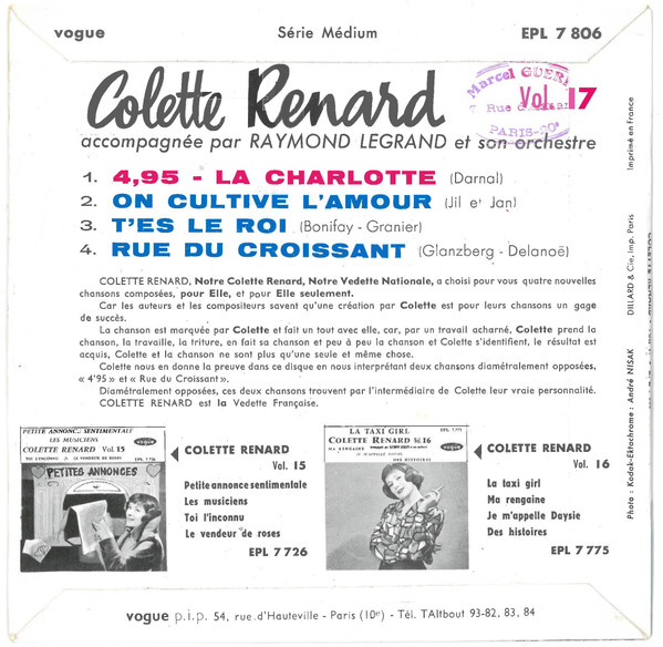 baixar álbum Colette Renard - 495 La Charlotte On Cultive LAmour Tes Le Roi Rue Du Croissant