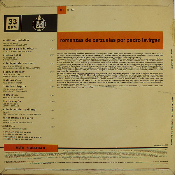 télécharger l'album Pedro Lavirgen, Orquesta De Conciertos De Madrid, Pablo Sorozábal - Romanzas de Zarzuela