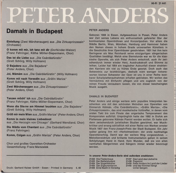 ladda ner album Peter Anders - Damals In Budapest Die Schönsten Melodien von Emmerich Kálmán