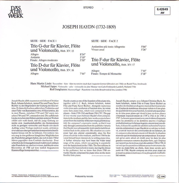 baixar álbum Joseph Haydn, HansMartin Linde, Michael Jappe, Rolf Junghanns - Flötentrios r 15 G Dur Nr 1 Dur Nr 17 F Dur