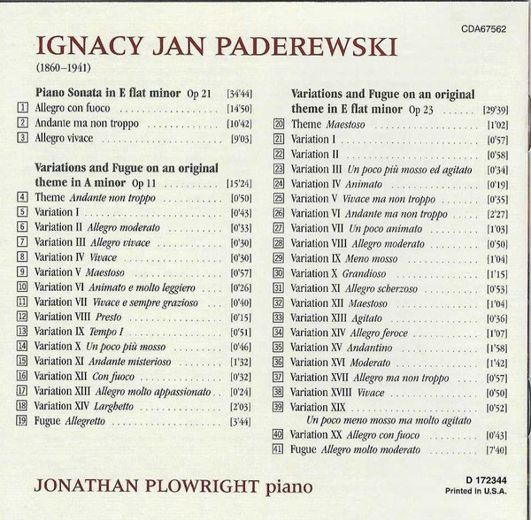 descargar álbum Paderewski Jonathan Plowright - Piano Sonata Variations Fugues Opp 11 23