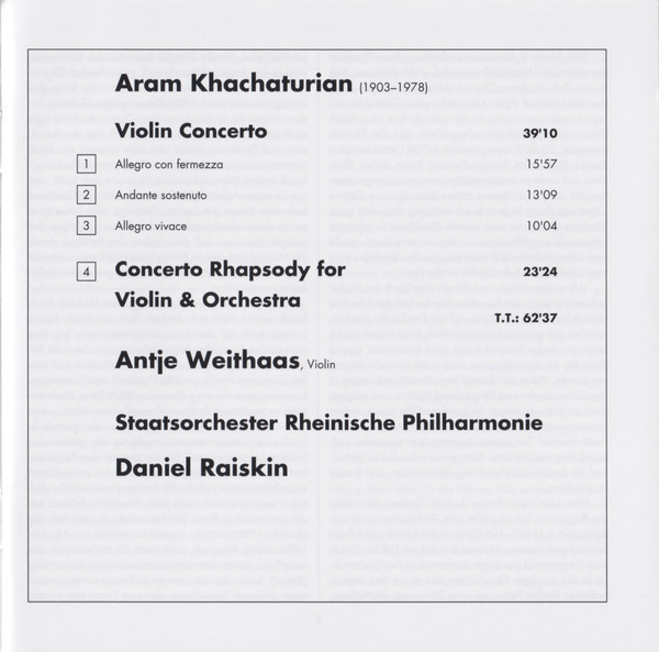 télécharger l'album Aram Khachaturian, Antje Weithaas, Staatsorchester Rheinische Philharmonie, Daniel Raiskin - Violin Concerto Concerto Rhapsody