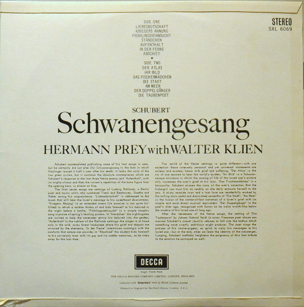 descargar álbum Hermann Prey, Walter Klien, Schubert - Schwanengesang