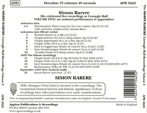 ladda ner album Simon Barere Rachmaninov - His Celebrated Live Recordings At Carnegie Hall Volume Five An Undated Performance