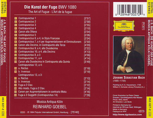 baixar álbum Johann Sebastian Bach, Musica Antiqua Köln, Reinhard Goebel - Die Kunst Der Fuge The Art Of Fugue LArt De La Fugue