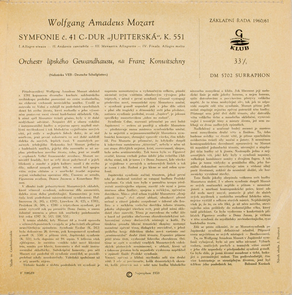 télécharger l'album Orchestr Lipského Gewandhausu, W A Mozart - Symfonie Č 41 C Dur