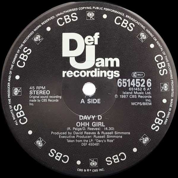 Davy D – Ohh Girl (1987, Vinyl) - Discogs