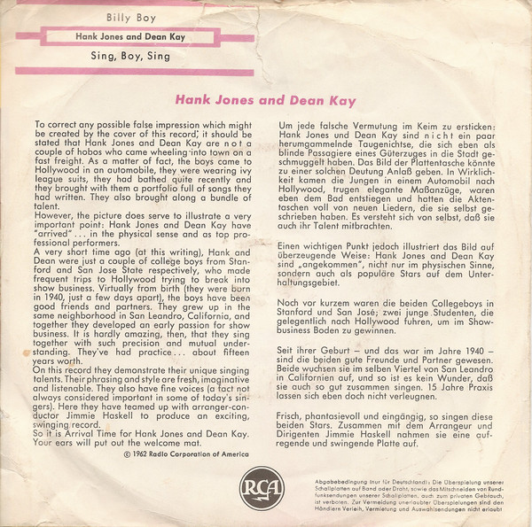 baixar álbum Hank Jones And Dean Kay - Sing Boy Sing Billy Boy