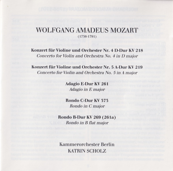 Album herunterladen Wolfgang Amadeus Mozart, Katrin Scholz, Kammerorchester Berlin - Violinkonzerte Nos 4 5 Adagio KV 261 Rondos KV 269 373