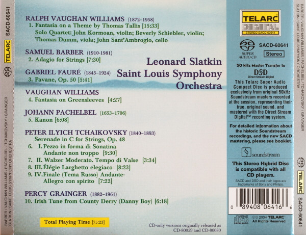 last ned album Barber, Vaughan Williams, Pachelbel, Tchaikovsky, Grainger, Leonard Slatkin, Saint Louis Symphony Orchestra - Adagio For Strings Fantasia On A Theme By Thomas Tallis Kanon Serenade For Strings Irish Tune From County Derry