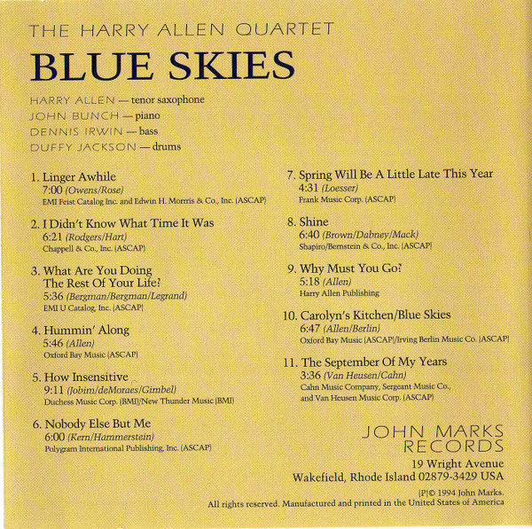 The Harry Allen Quartet – Blue Skies - Jazz Ballads From The 1930s