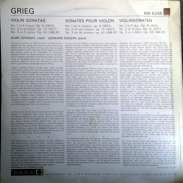 lataa albumi Grieg, Alan Loveday, Leonard Cassini - 3 Sonatas For Violin And Piano