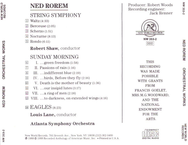 ladda ner album Ned Rorem Atlanta Symphony Orchestra, Robert Shaw, Louis Lane - String Symphony Sunday Morning Eagles
