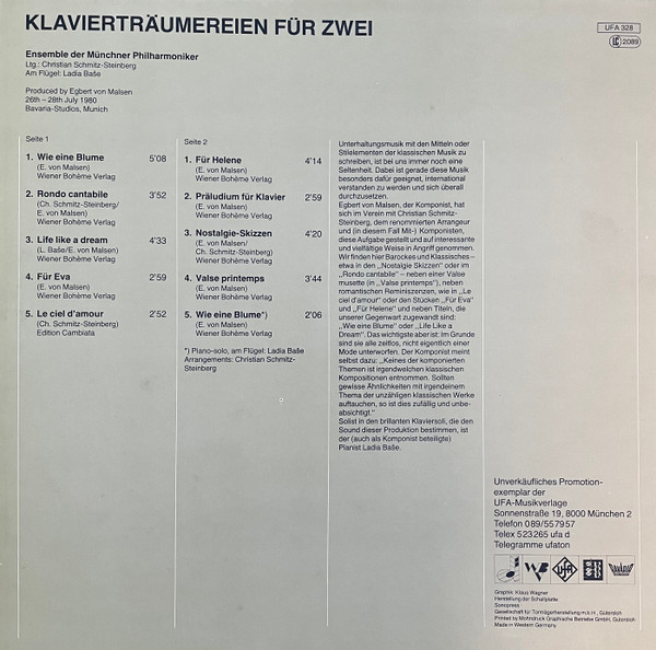 descargar álbum Ensemble Der Münchner Philharmoniker, Christian SchmitzSteinberg, Ladia Baše - Klaviertraumereien Für Zwei Pop Standards Evergreens