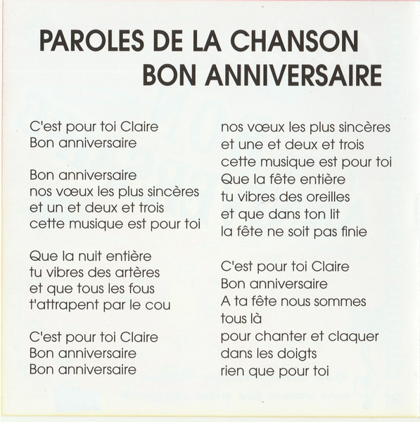 Bon Anniversaire Claire Cd Discogs