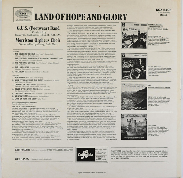 baixar álbum GUS (Footwear) Band Conducted By Stanley H Boddington, LRAM, ARCM, Morriston Orpheus Choir Conducted By Lyn Harry Bach Mus - Land Of Hope Glory