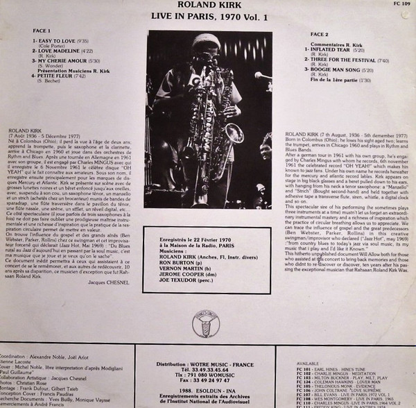 Roland Kirk – Live In Paris 1970 Vol. 1 (1988, Vinyl) - Discogs