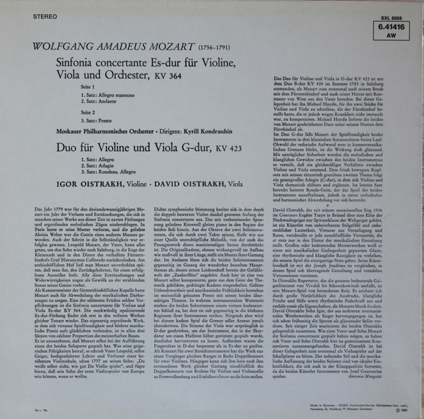 ladda ner album Mozart, Igor Oistrakh David Oistrakh Moskauer Philharmonisches Orchester, Kyrill Kondraschin - Sinfonia Concertante Es Dur Duo Für Violine Und Viola G Dur