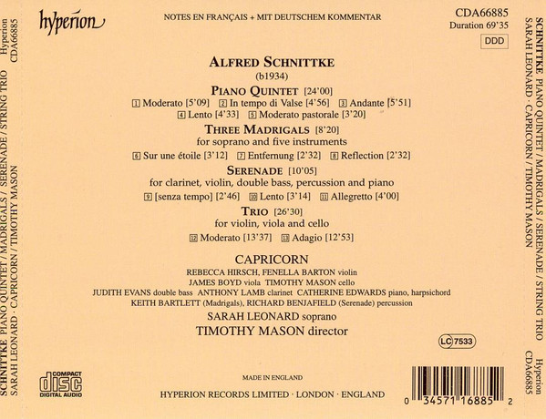 lataa albumi Schnittke Sarah Leonard, Capricorn , Timothy Mason - Piano Quintet Three Madrigals For Soprano And Five Instruments Serenade String Trio