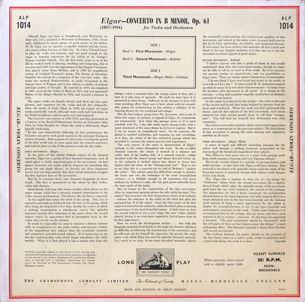 Elgar , Jascha Heifetz And The London Symphony Orchestra Conducted By Sir Malcolm Sargent - Violin Concerto In B Minor | His Master's Voice (ALP 1014) - 2