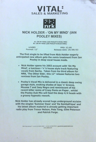 last ned album Nick Holder - On My Mind Ian Pooley Mixes